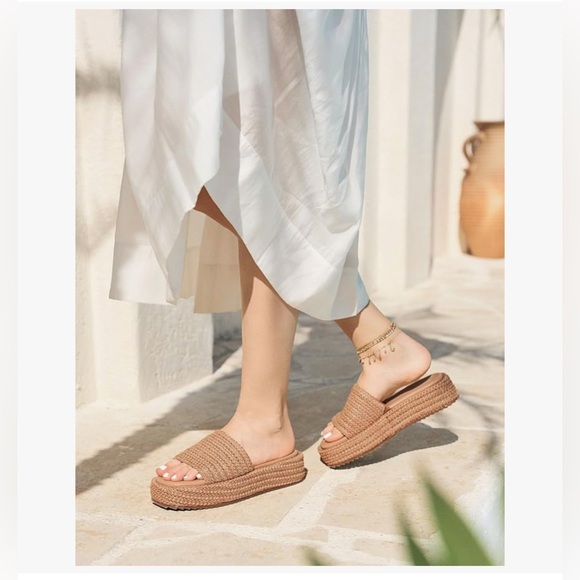 NEW! Women's ‘COFFEE’ Color Raffia Platform Sandals-9M - Picture 4 of 17